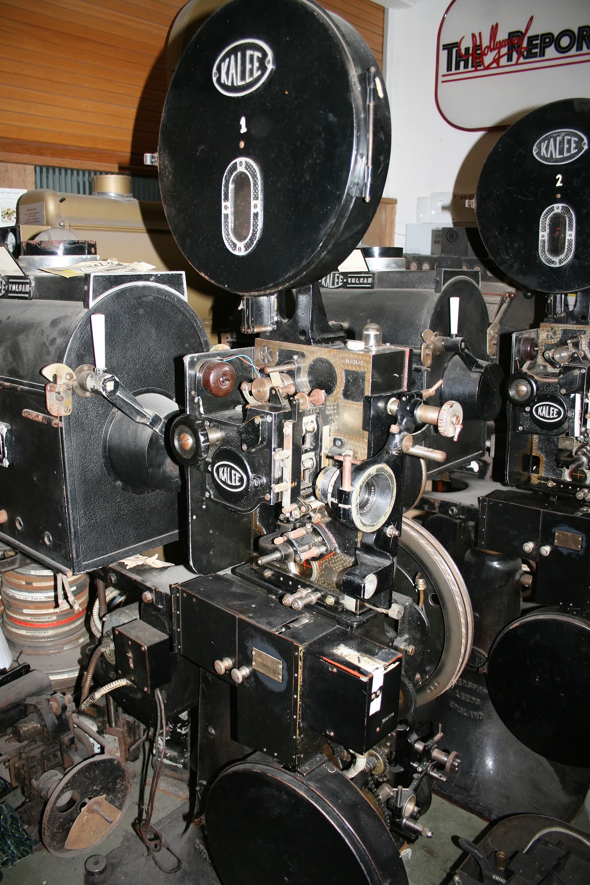 A black 1930s Gaumont Kalee 35mm cinema projector