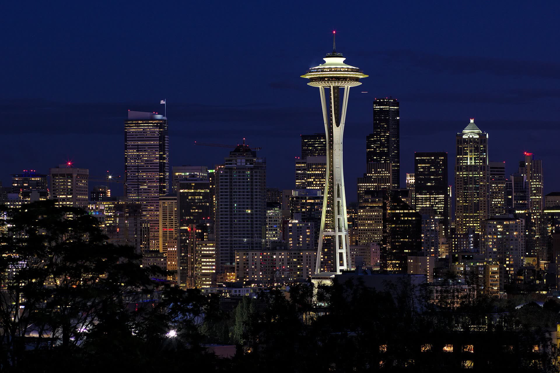 The Seattle skyline at night from Kerry Park, with the Space Needle lit in front of the downtown towers