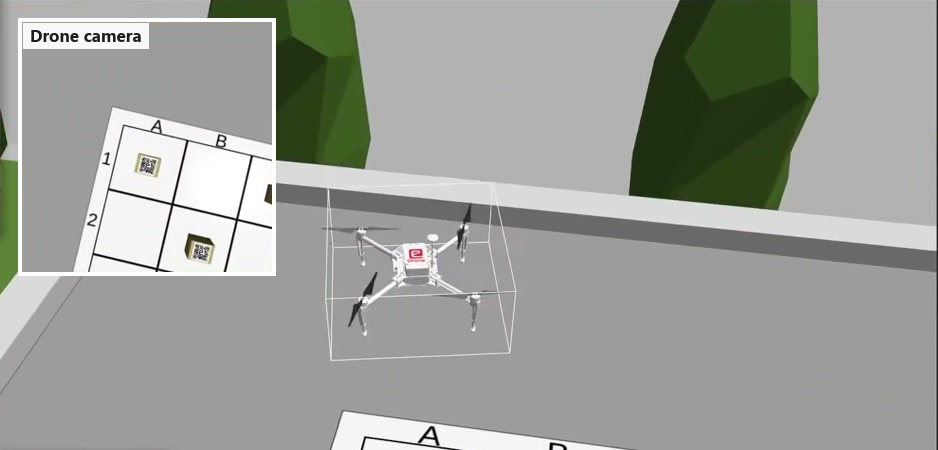 The drone above a grid of parcels; its camera feed shows their QR codes