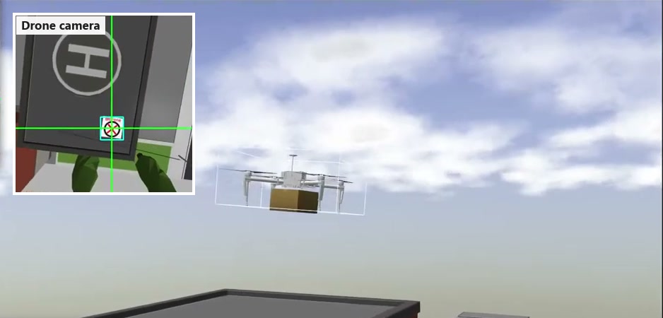 The drone camera feed with green crosshairs locked on a landing marker